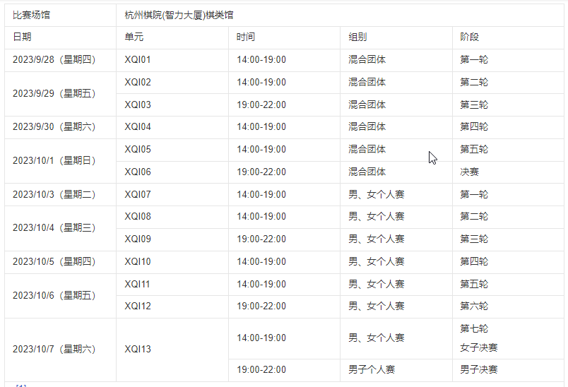 杭州亚运会象棋比赛时间安排